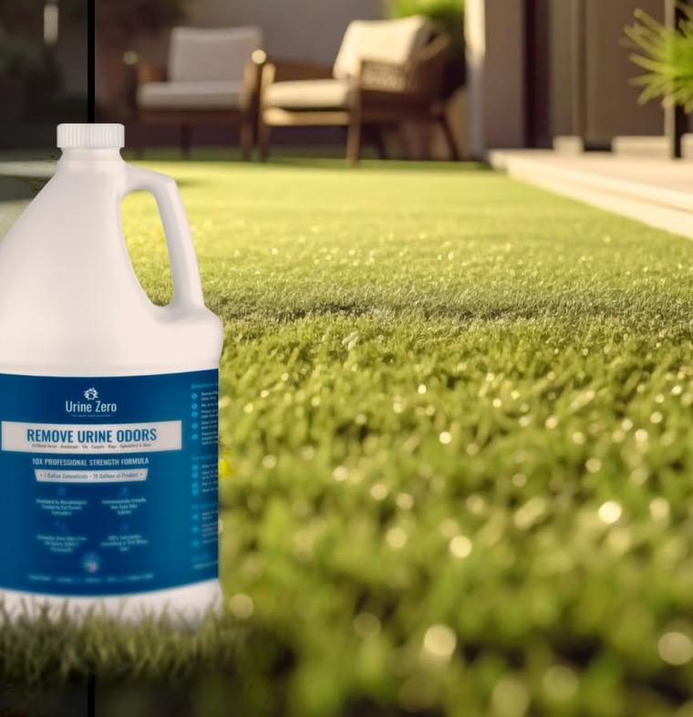 A one gallon jug of Urine Zero on artificial turf beside a finished patio at dusk