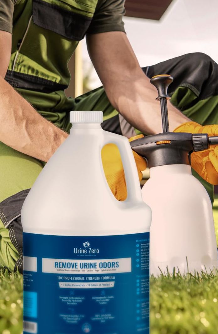 Filling a pump sprayer with Urine Zero next to a one gallon jug on artificial turf